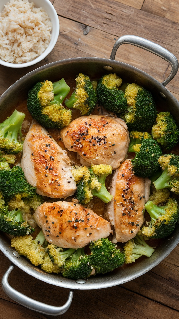 A colorful chicken and broccoli skillet, garnished with sesame seeds, and served with brown rice.